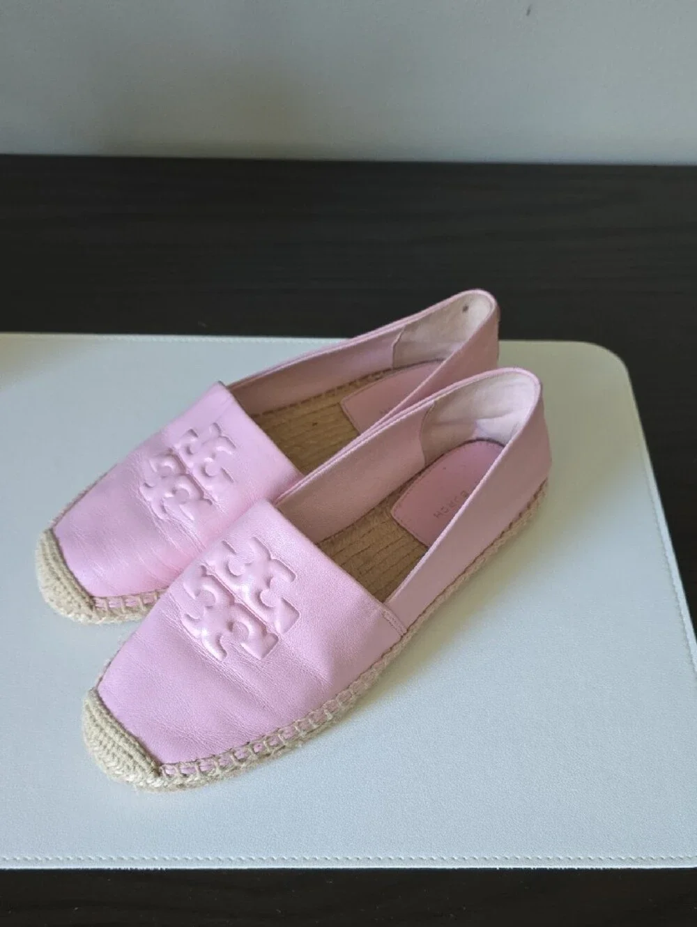 Tory Burch Pastel Pink Leather Espadrille Flats with Logo